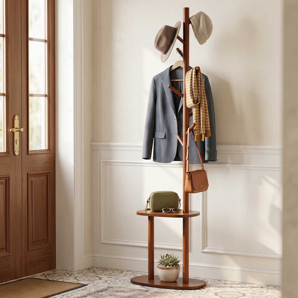 Coat Rack with 8 Rubber Wood Hooks and 2 Storage Shelves