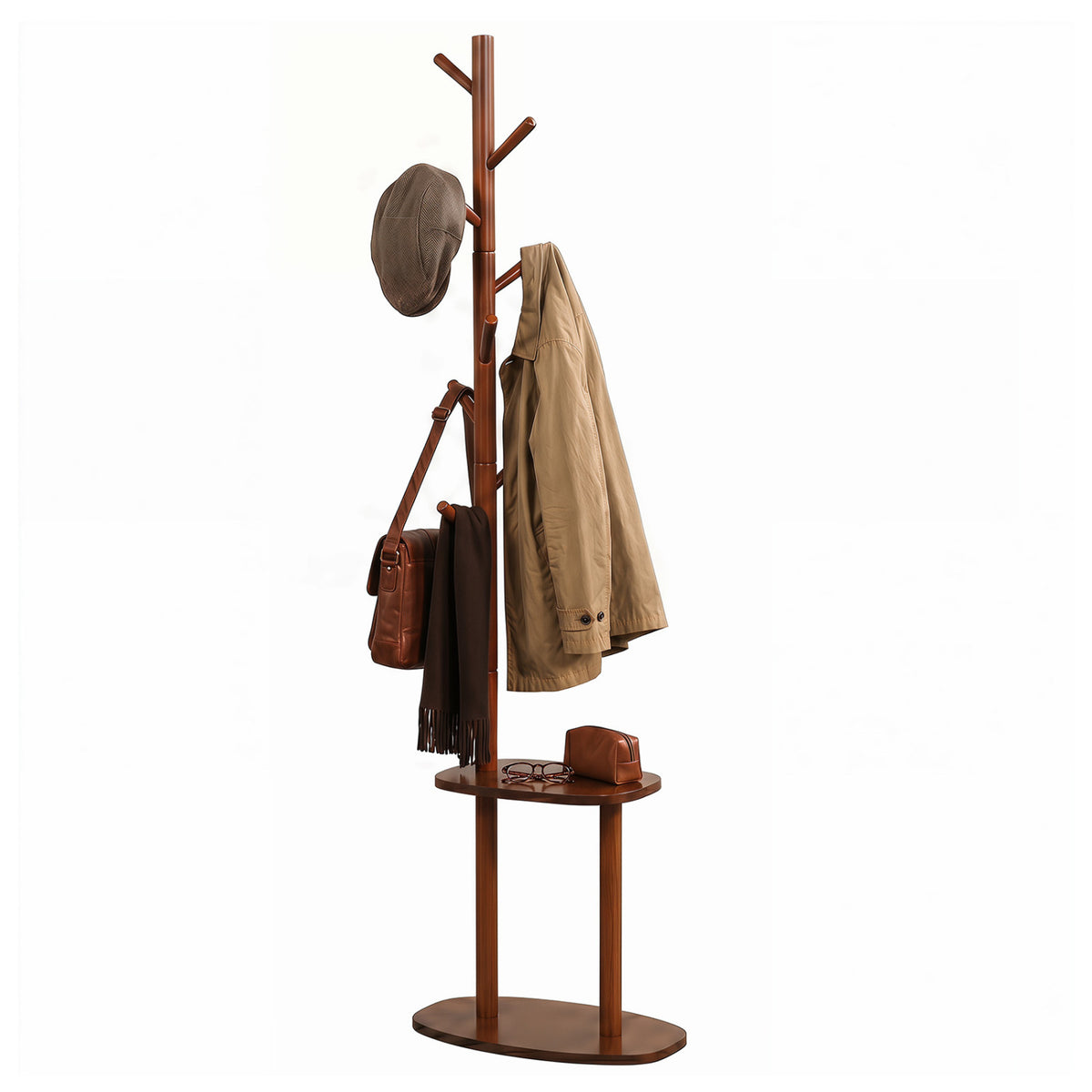 Coat Rack with 8 Rubber Wood Hooks and 2 Storage Shelves