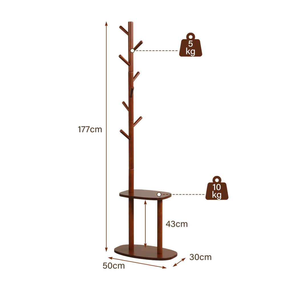 Coat Rack with 8 Rubber Wood Hooks and 2 Storage Shelves