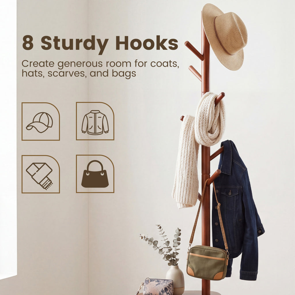 Coat Rack with 8 Rubber Wood Hooks and 2 Storage Shelves