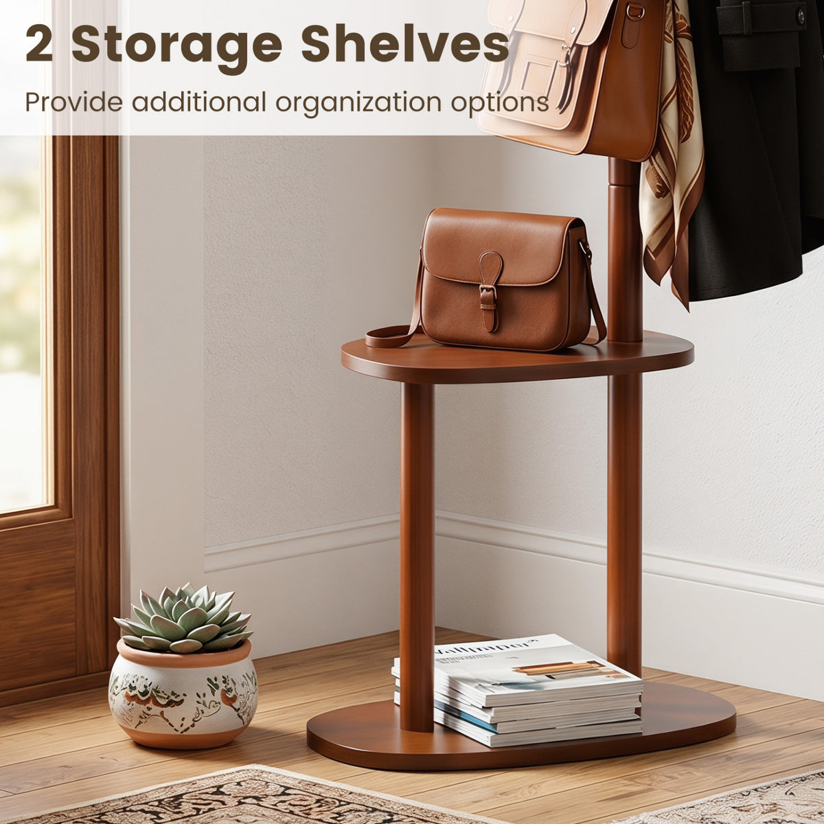 Coat Rack with 8 Rubber Wood Hooks and 2 Storage Shelves