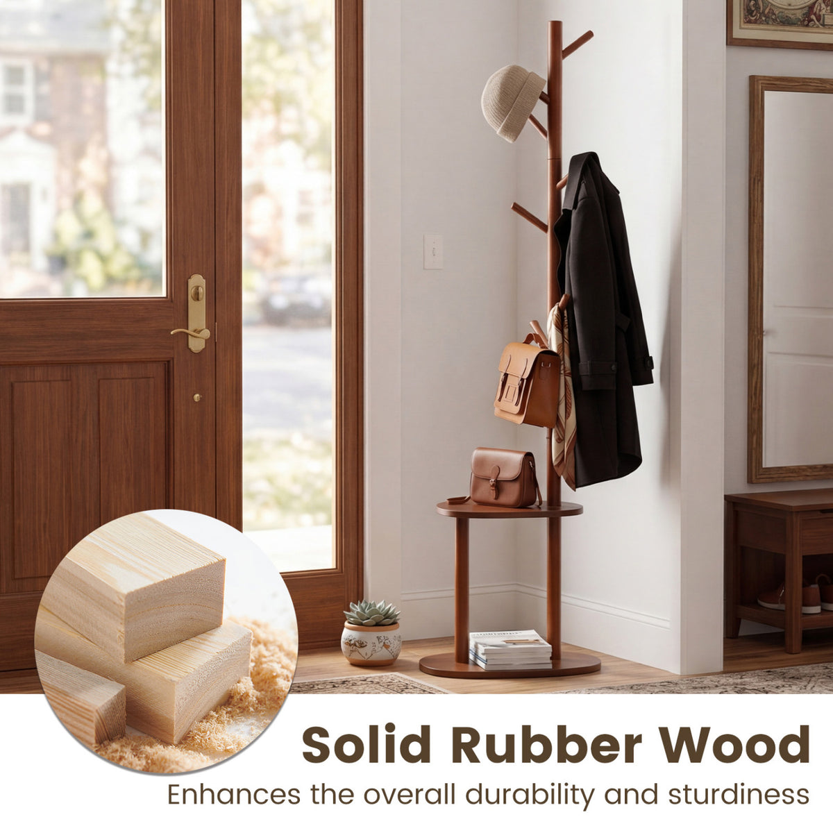 Coat Rack with 8 Rubber Wood Hooks and 2 Storage Shelves