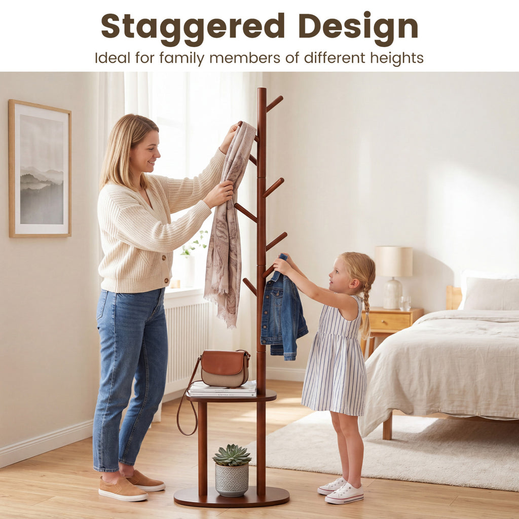 Coat Rack with 8 Rubber Wood Hooks and 2 Storage Shelves