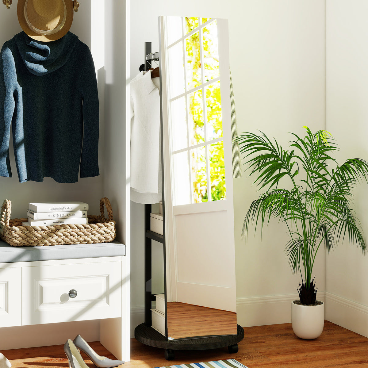 Freestanding Coat Rack with Full Length Mirror - Walnut