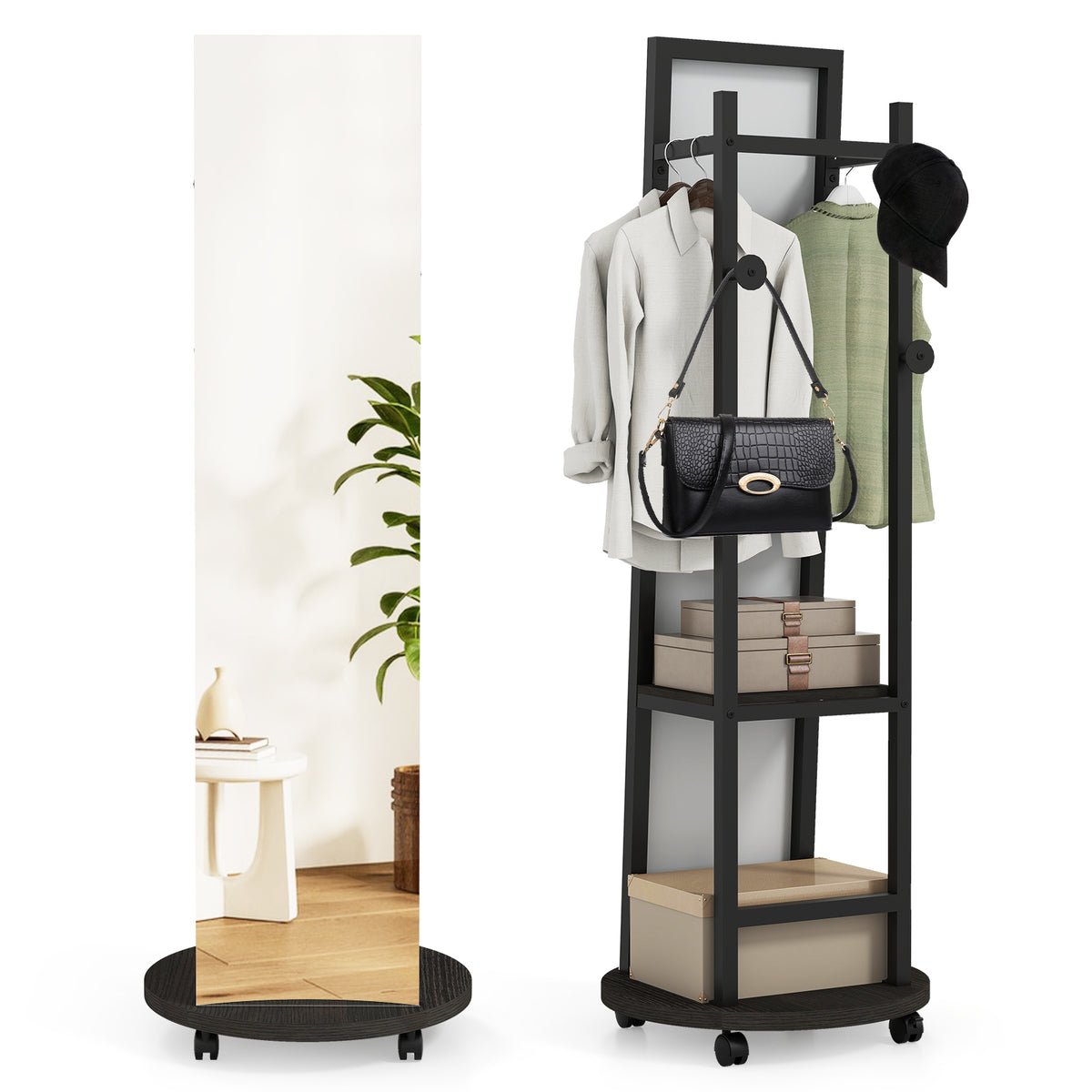 Freestanding Coat Rack with Full Length Mirror - Walnut