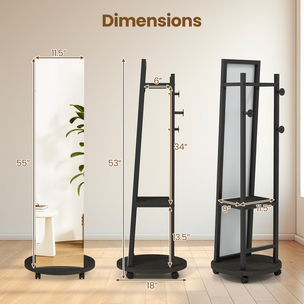 Freestanding Coat Rack with Full Length Mirror - Walnut