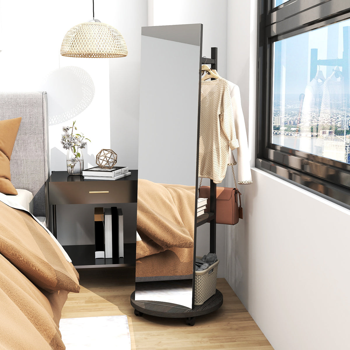 Freestanding Coat Rack with Full Length Mirror - Walnut