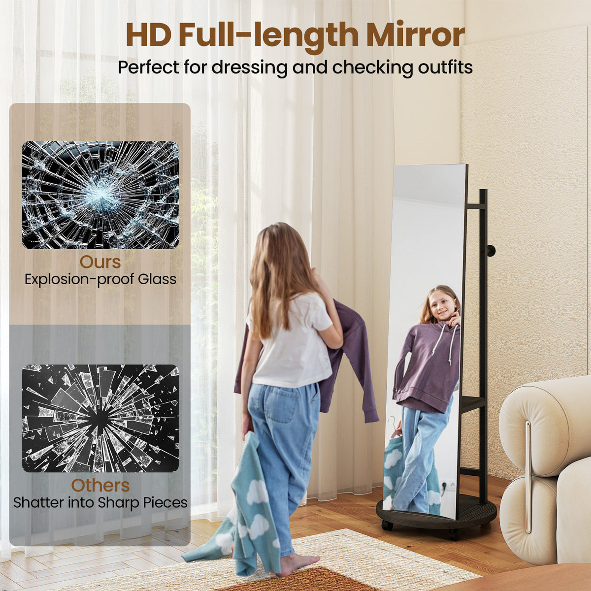 Freestanding Coat Rack with Full Length Mirror - Walnut