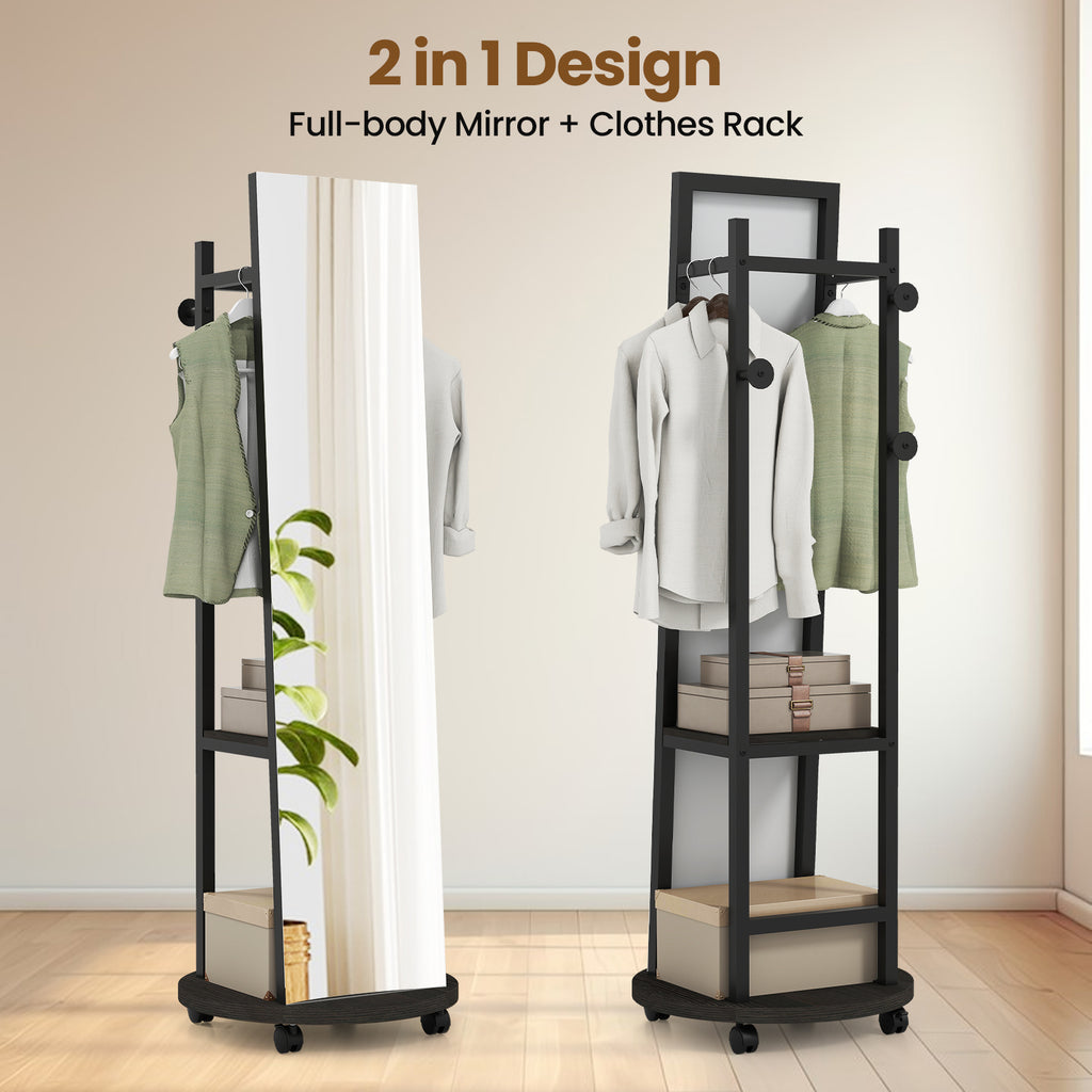 Freestanding Coat Rack with Full Length Mirror - Walnut