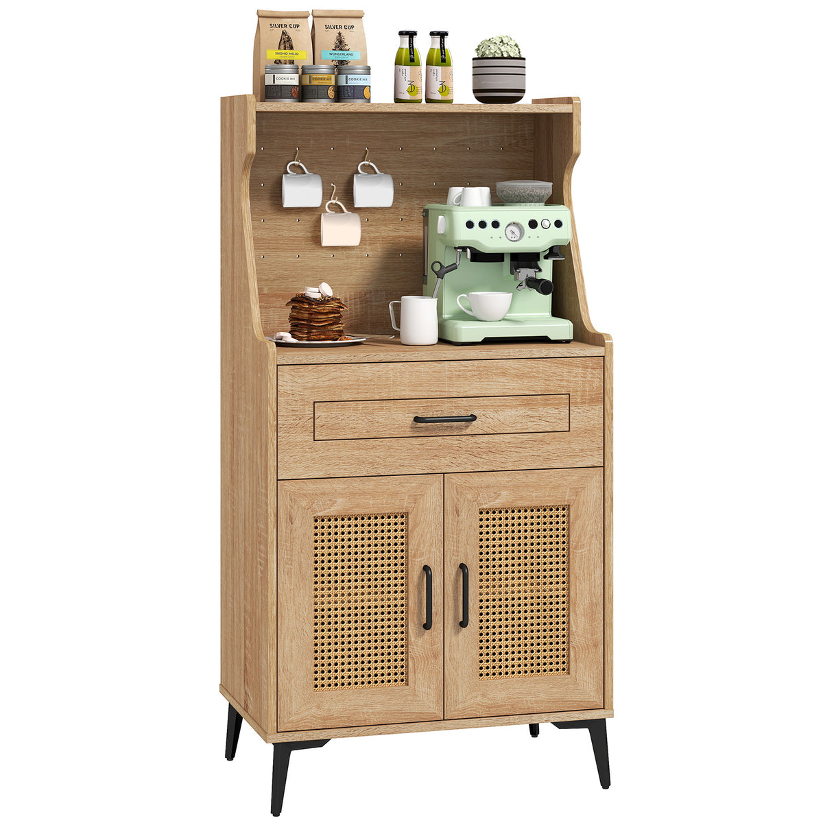 Coffee Bar Cabinet with Pegboard & Storage Drawer - Oak