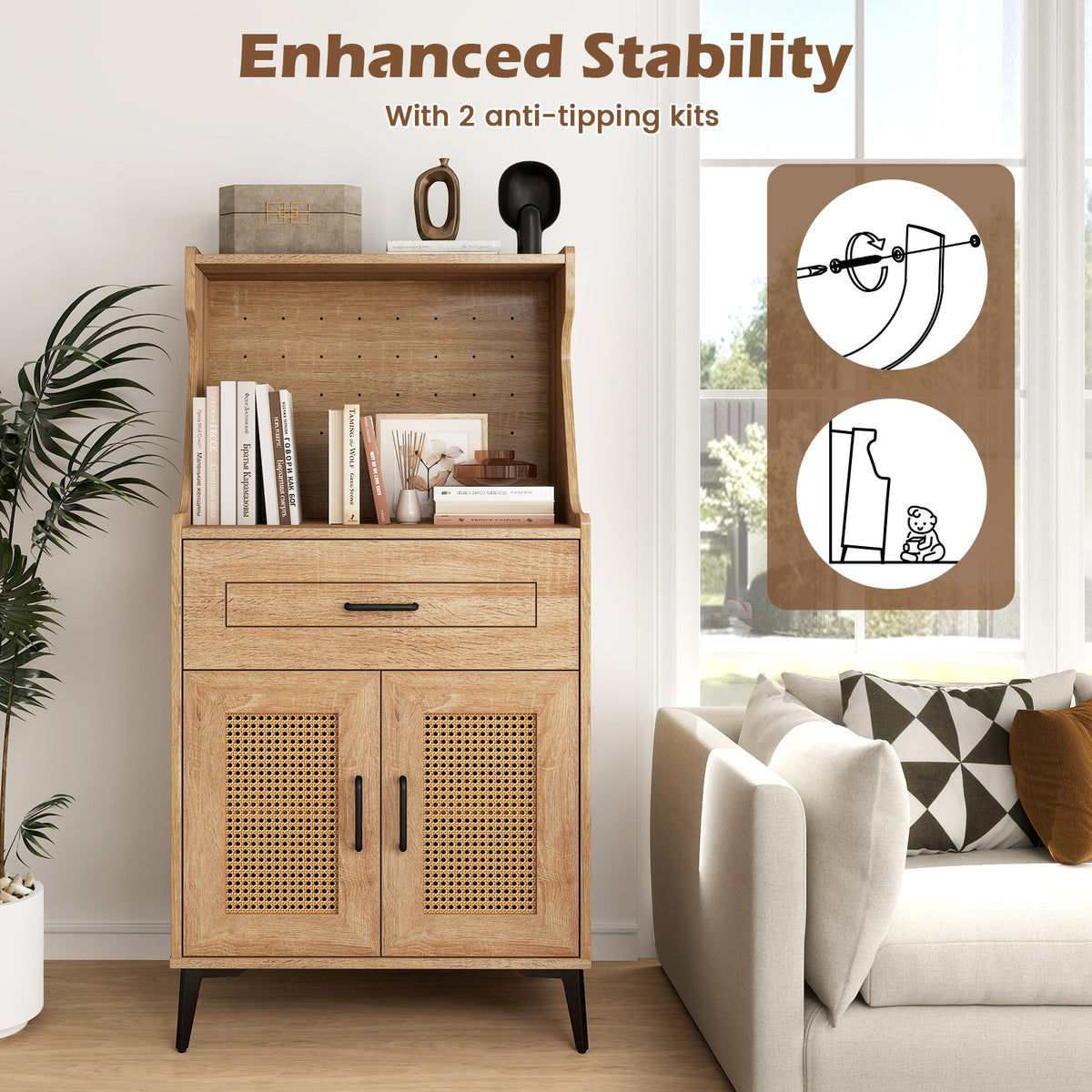 Coffee Bar Cabinet with Pegboard & Storage Drawer - Oak