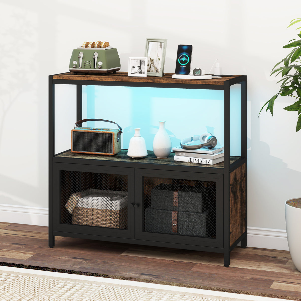 Coffee Bar Cabinet with LED Lights and Charging Station - Rustic Brown
