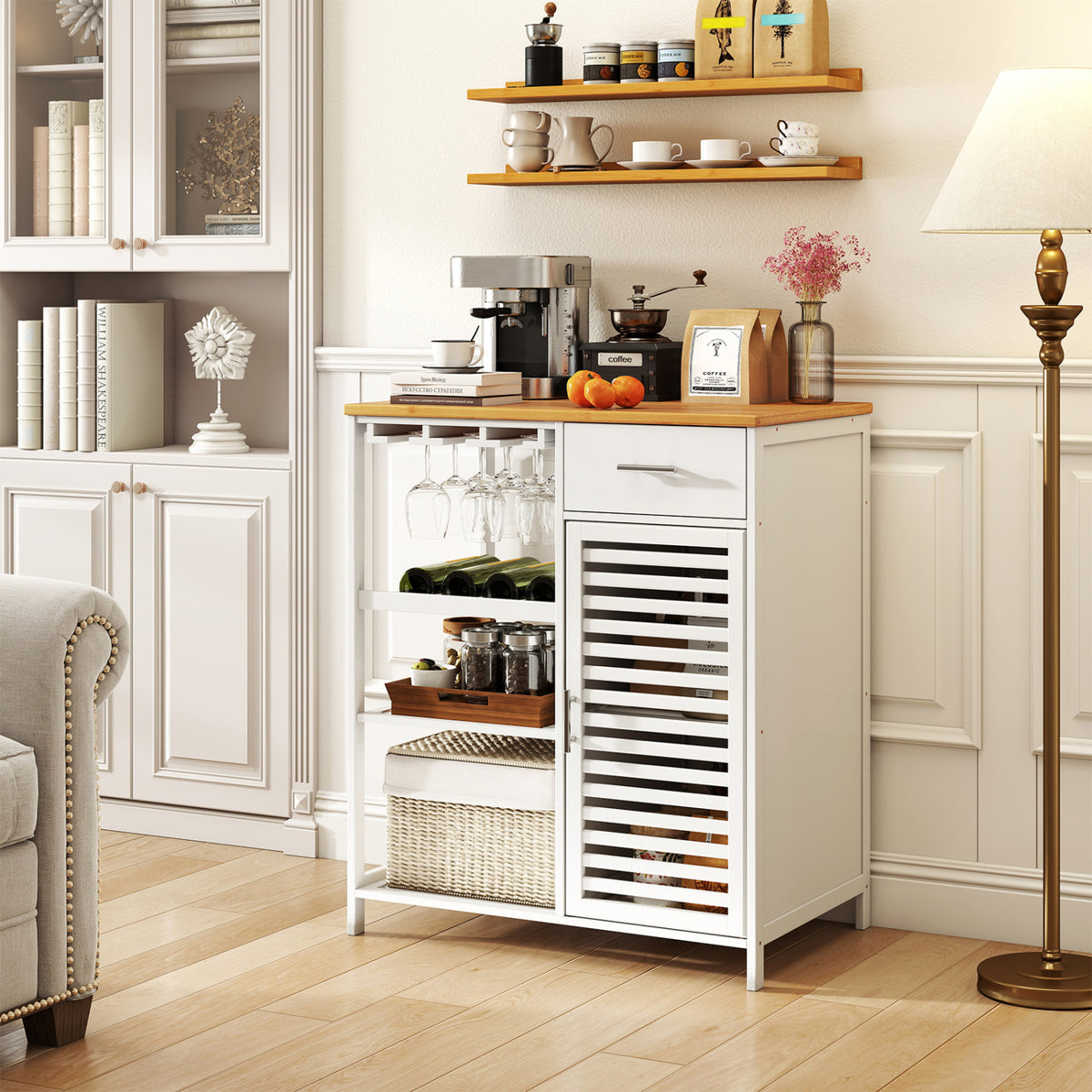 Coffee Bar Cabinet with Wine Glass Holder & Bamboo Top - White