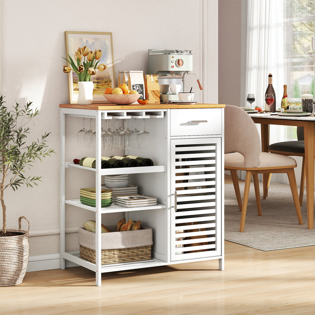 Coffee Bar Cabinet with Wine Glass Holder & Bamboo Top - White