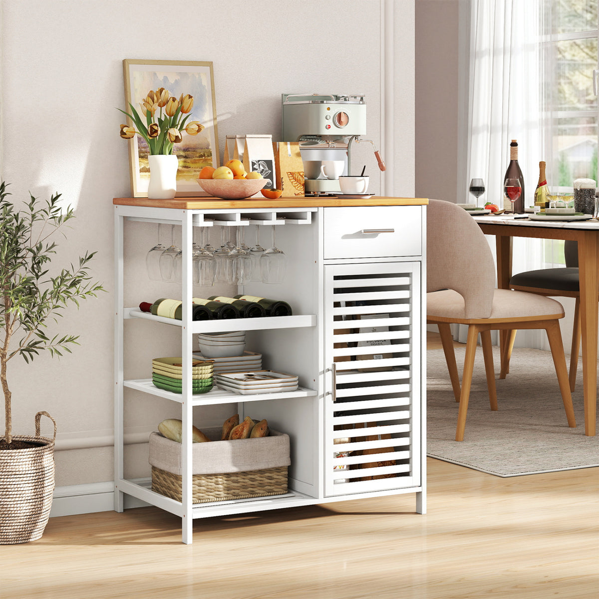 Coffee Bar Cabinet with Wine Glass Holder & Bamboo Top - White