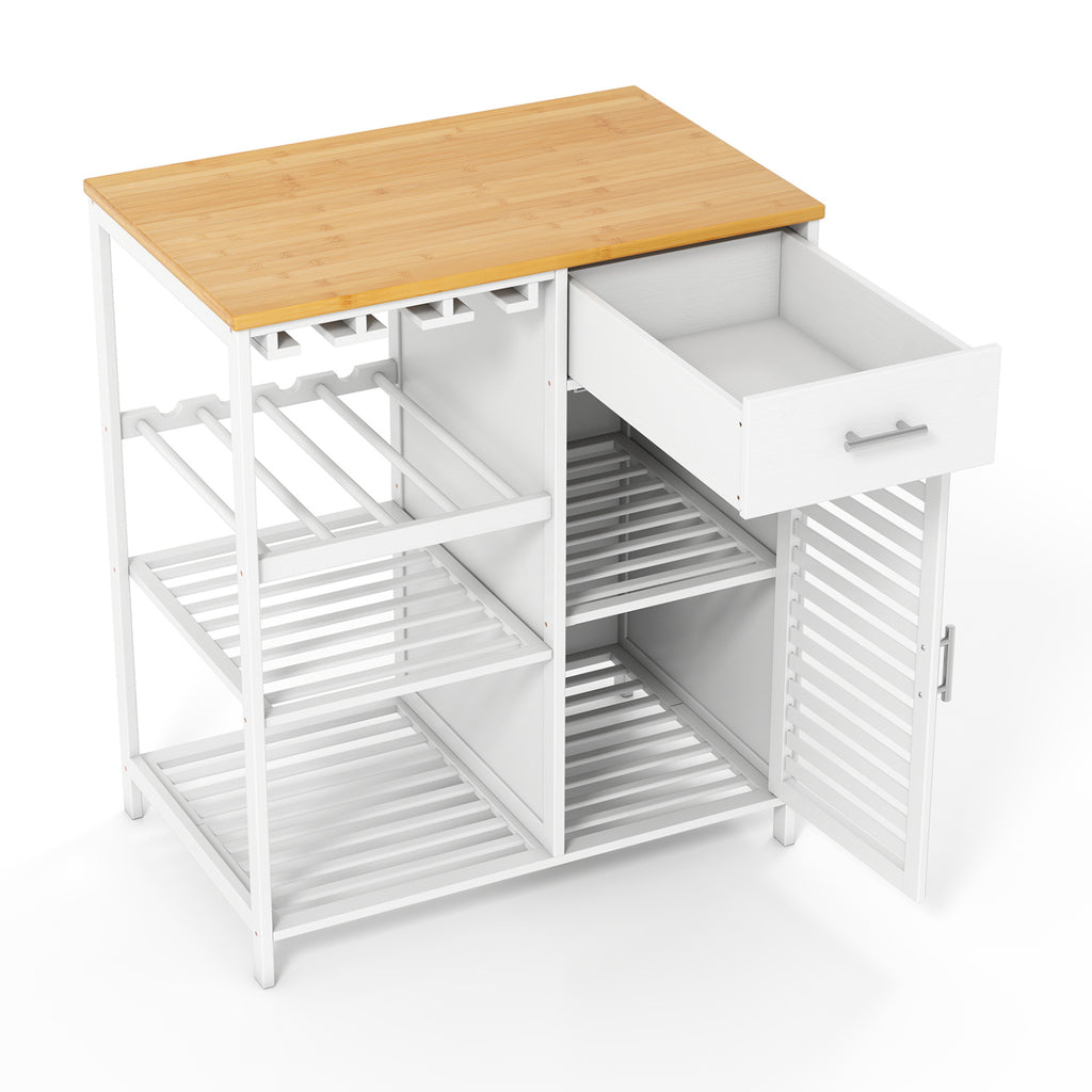 Coffee Bar Cabinet with Wine Glass Holder & Bamboo Top - White