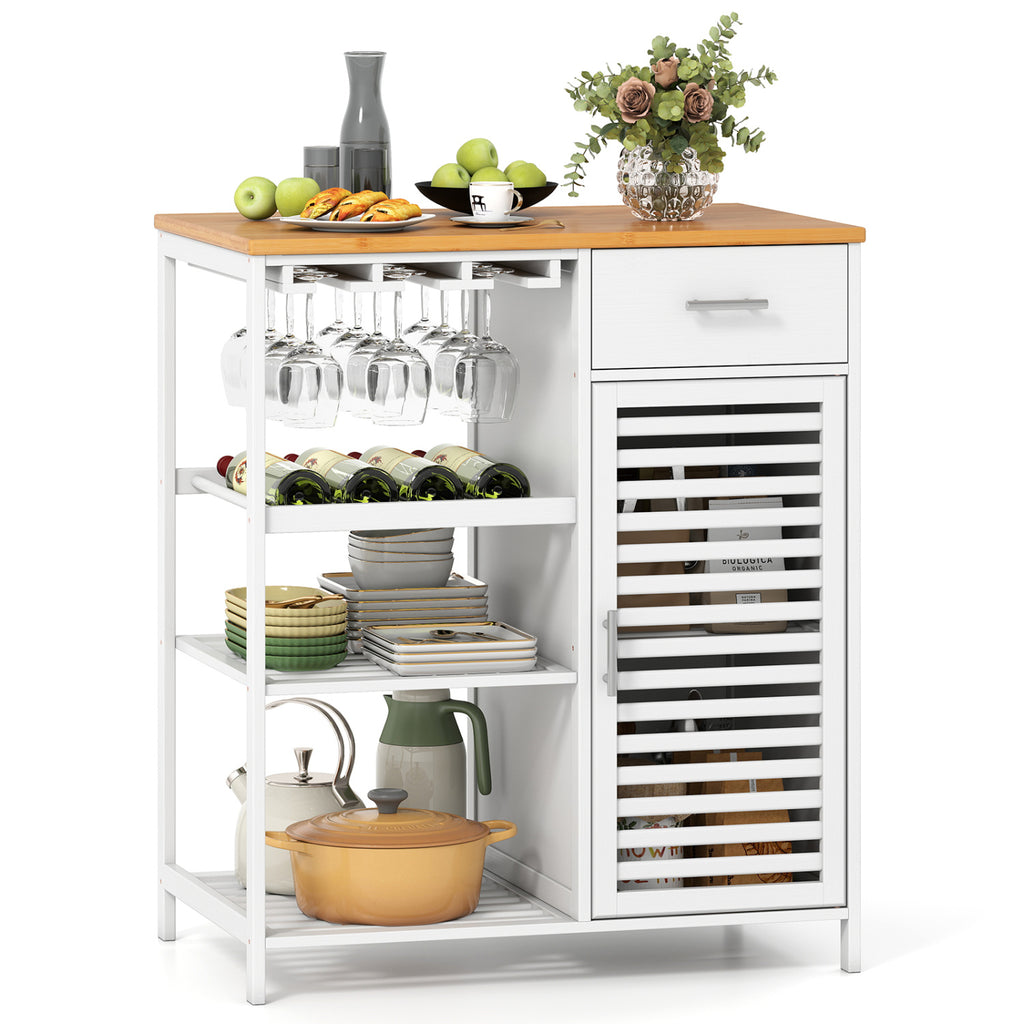 Coffee Bar Cabinet with Wine Glass Holder & Bamboo Top - White