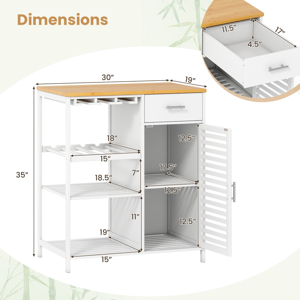 Coffee Bar Cabinet with Wine Glass Holder & Bamboo Top - White
