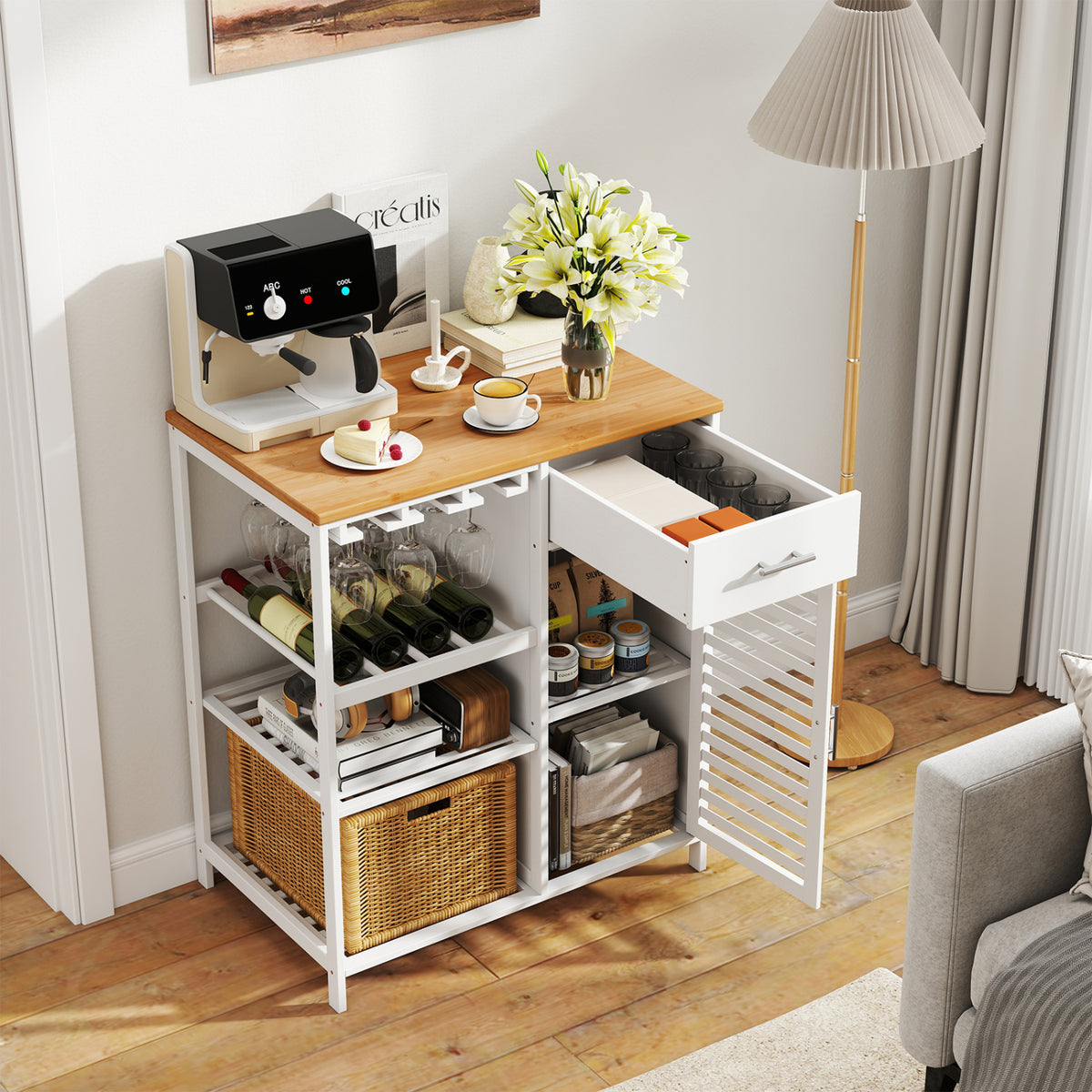Coffee Bar Cabinet with Wine Glass Holder & Bamboo Top - White