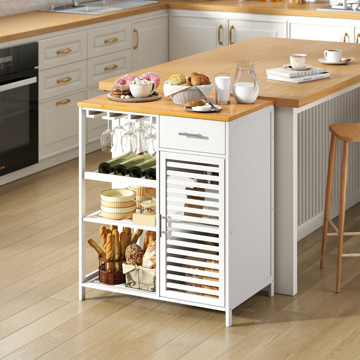 Coffee Bar Cabinet with Wine Glass Holder & Bamboo Top - White