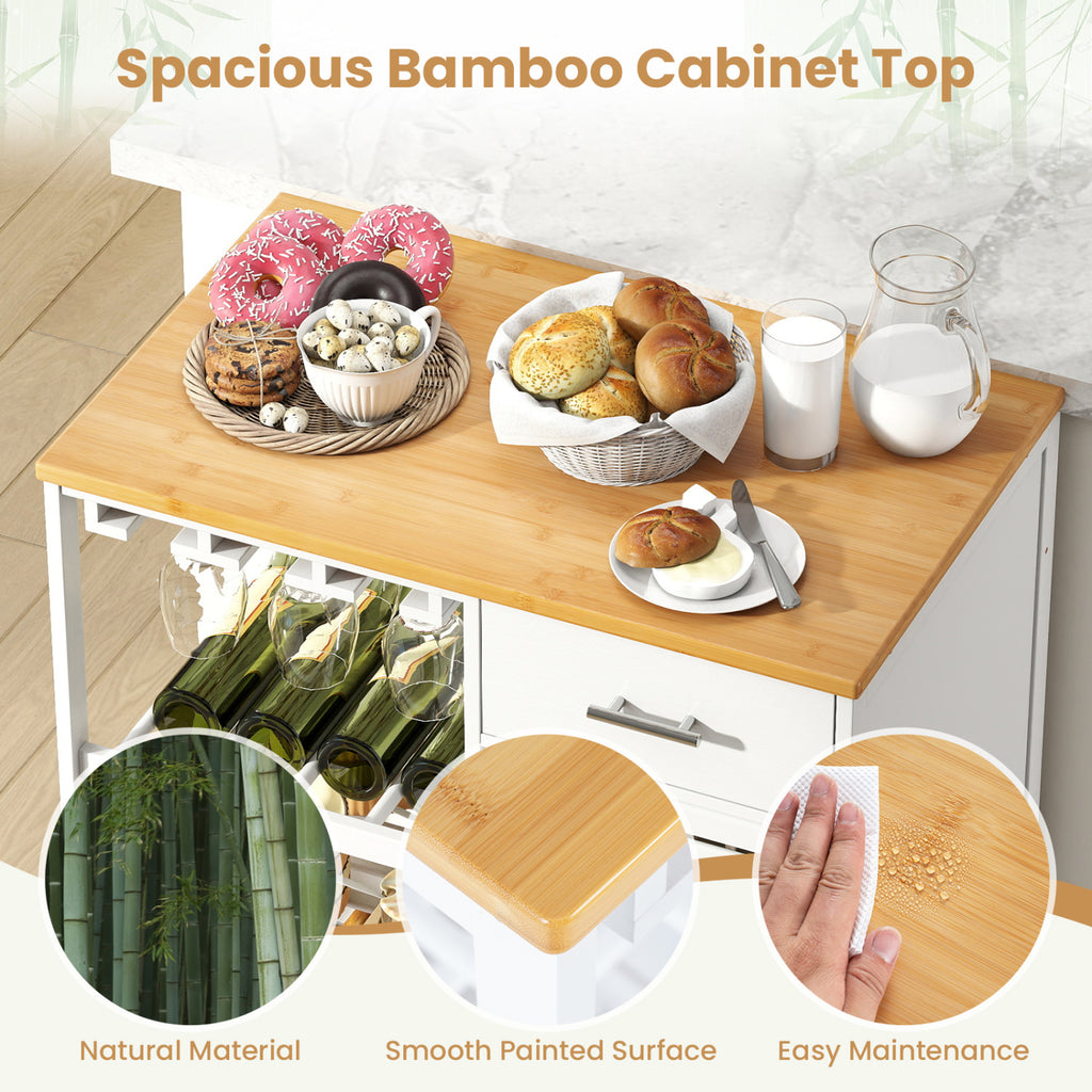Coffee Bar Cabinet with Wine Glass Holder & Bamboo Top - White