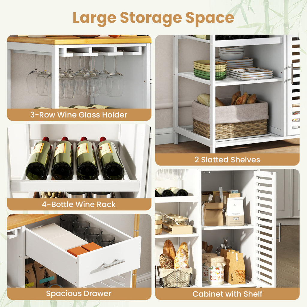 Coffee Bar Cabinet with Wine Glass Holder & Bamboo Top - White