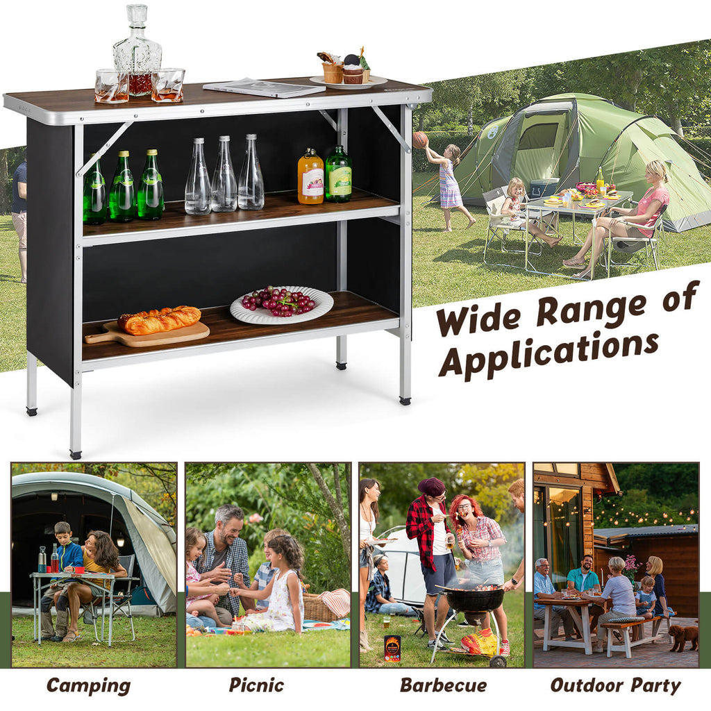 Folding Camping Table with 2-Tier Shelves - Coffee