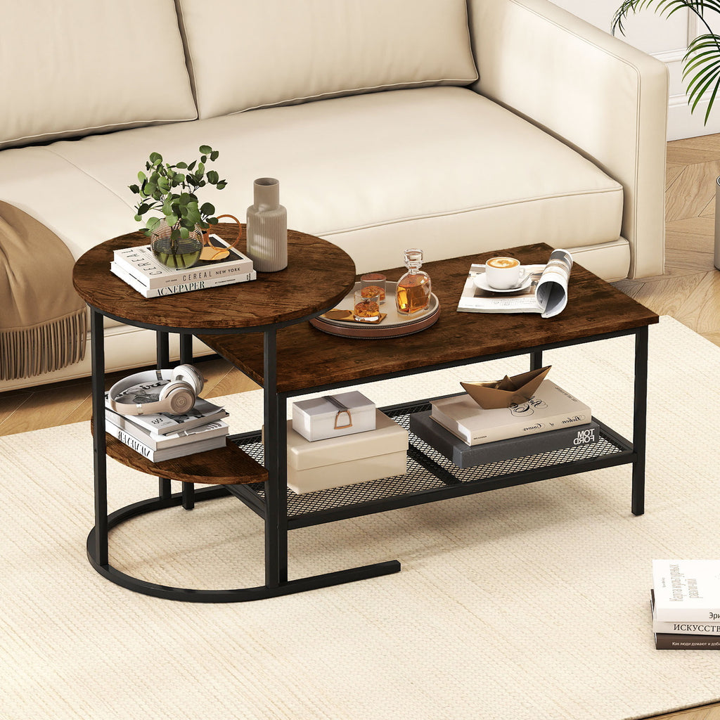 2-Tier Coffee Table with Storage Shelves - Rustic Brown