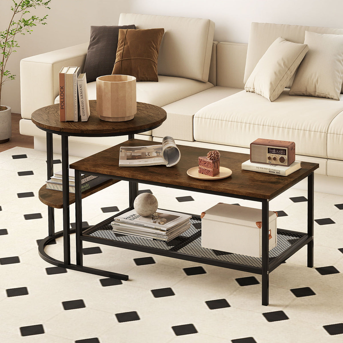 2-Tier Coffee Table with Storage Shelves - Rustic Brown
