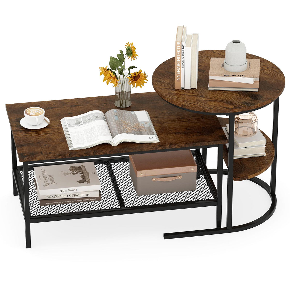 2-Tier Coffee Table with Storage Shelves - Rustic Brown