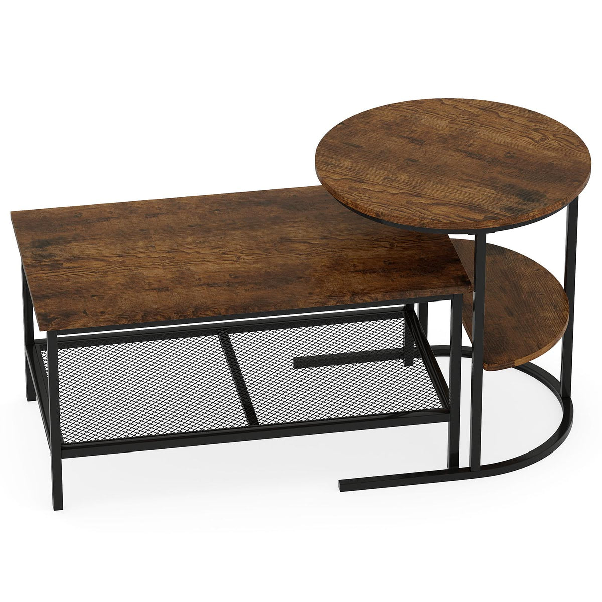 2-Tier Coffee Table with Storage Shelves - Rustic Brown