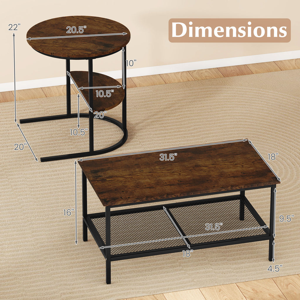 2-Tier Coffee Table with Storage Shelves - Rustic Brown