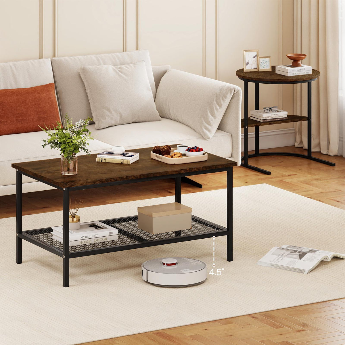 2-Tier Coffee Table with Storage Shelves - Rustic Brown