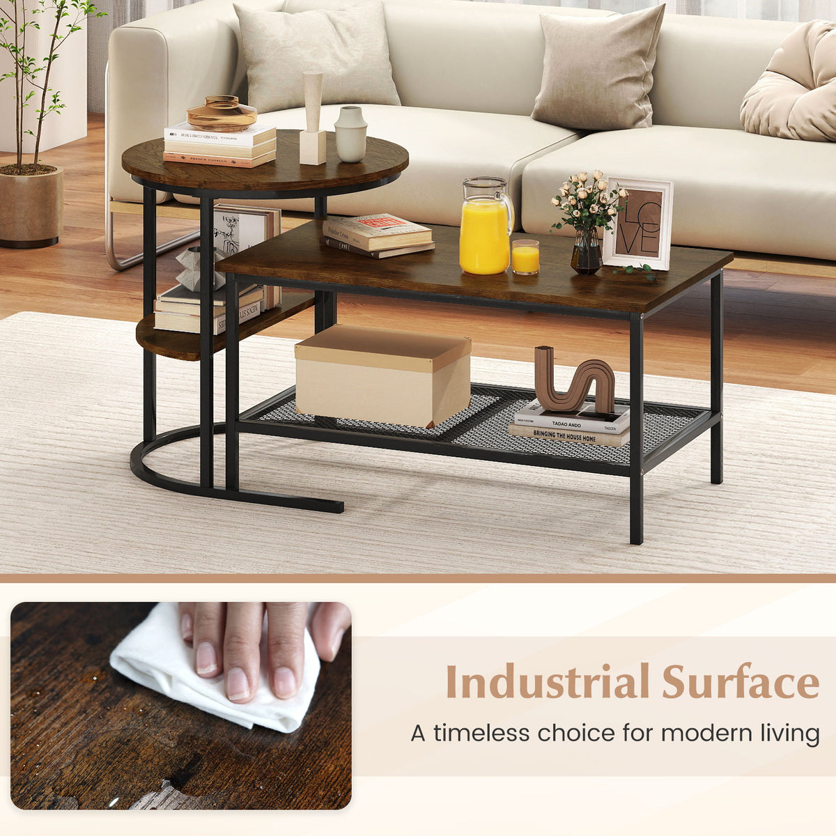 2-Tier Coffee Table with Storage Shelves - Rustic Brown