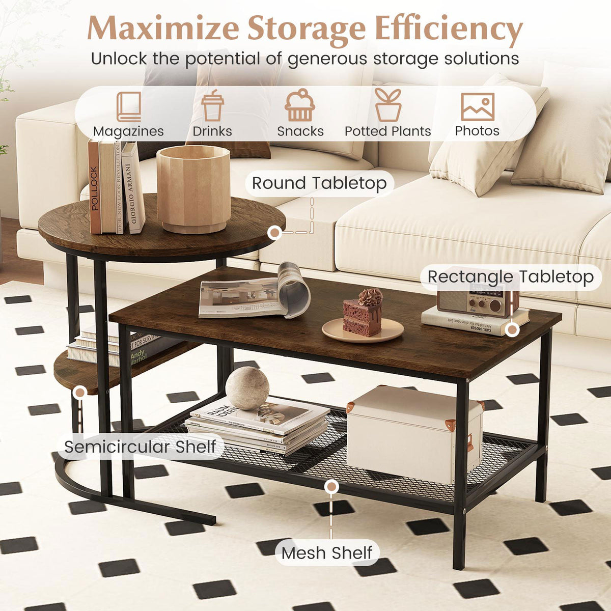 2-Tier Coffee Table with Storage Shelves - Rustic Brown