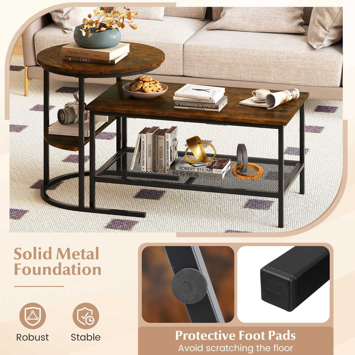 2-Tier Coffee Table with Storage Shelves - Rustic Brown