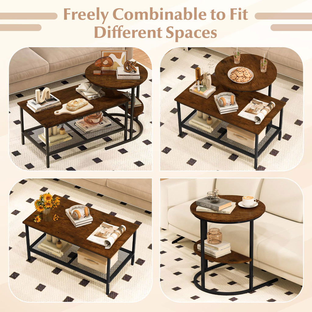 2-Tier Coffee Table with Storage Shelves - Rustic Brown