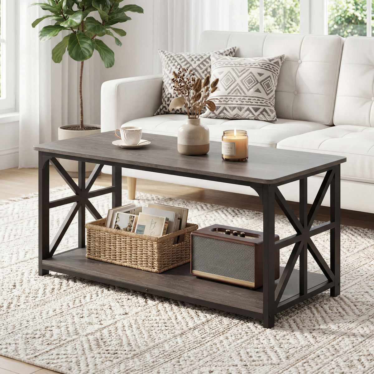 Coffee Table 2-Tier Storage Center Table - Oak
