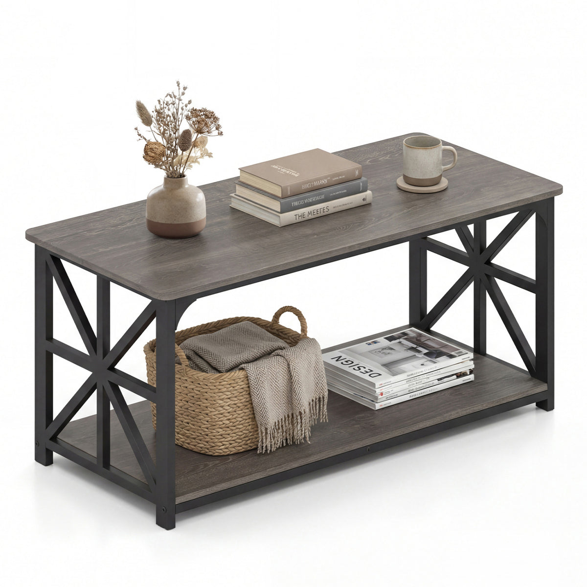 Coffee Table 2-Tier Storage Center Table - Oak