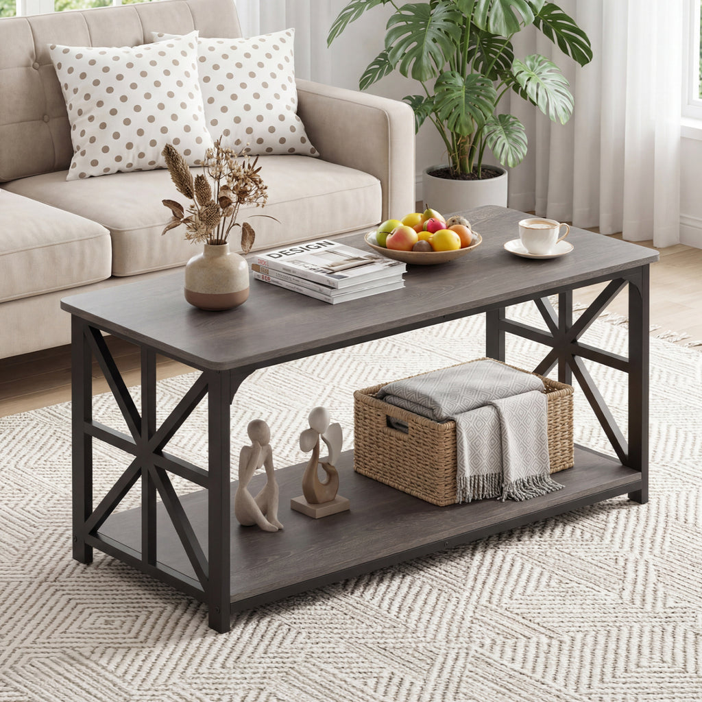 Coffee Table 2-Tier Storage Center Table - Oak