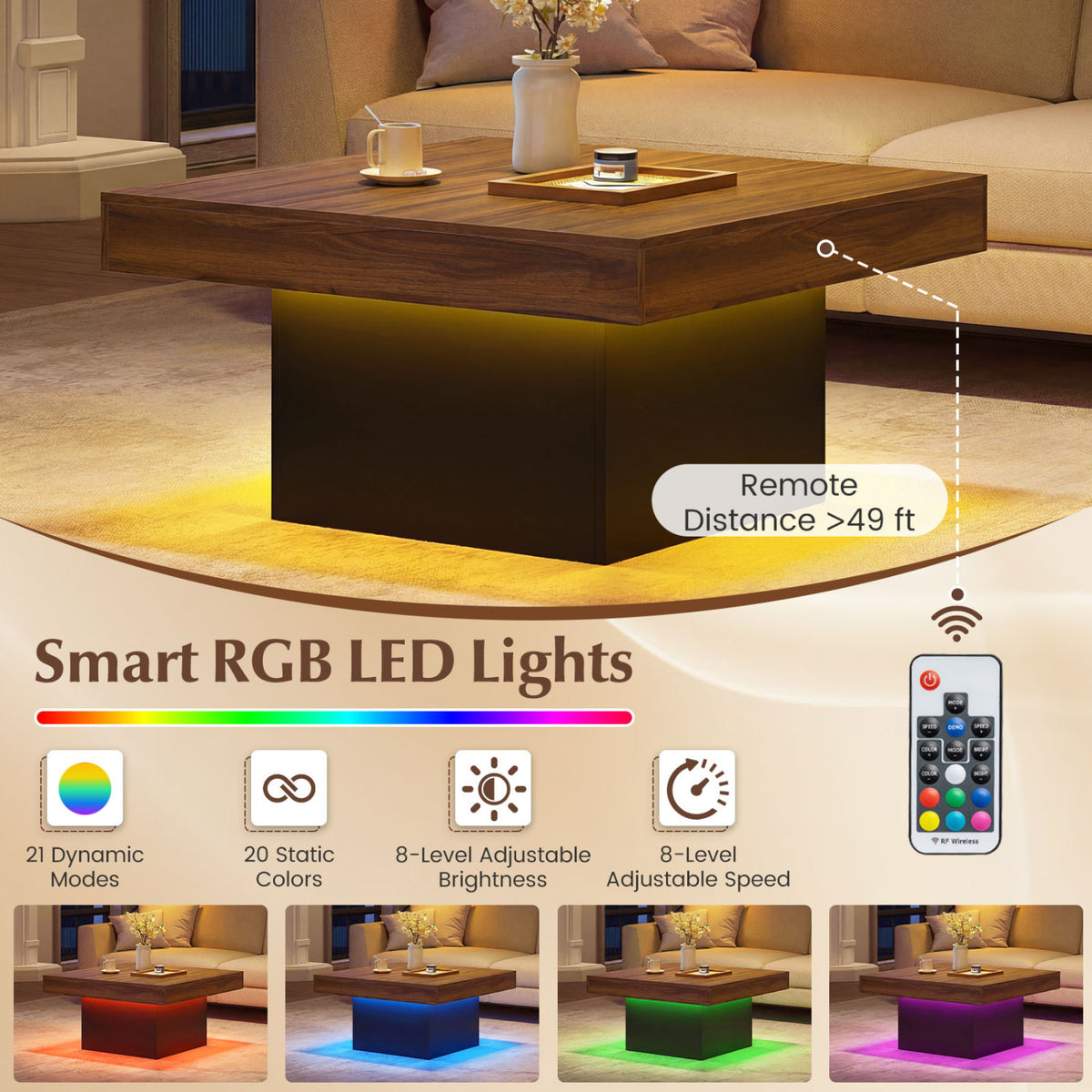 Coffee Table with RGB LED Lights - Rustic Brown