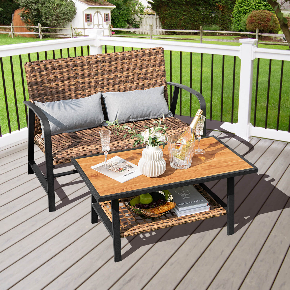 2-Piece Rattan Patio Coffee Table Set with Cushions