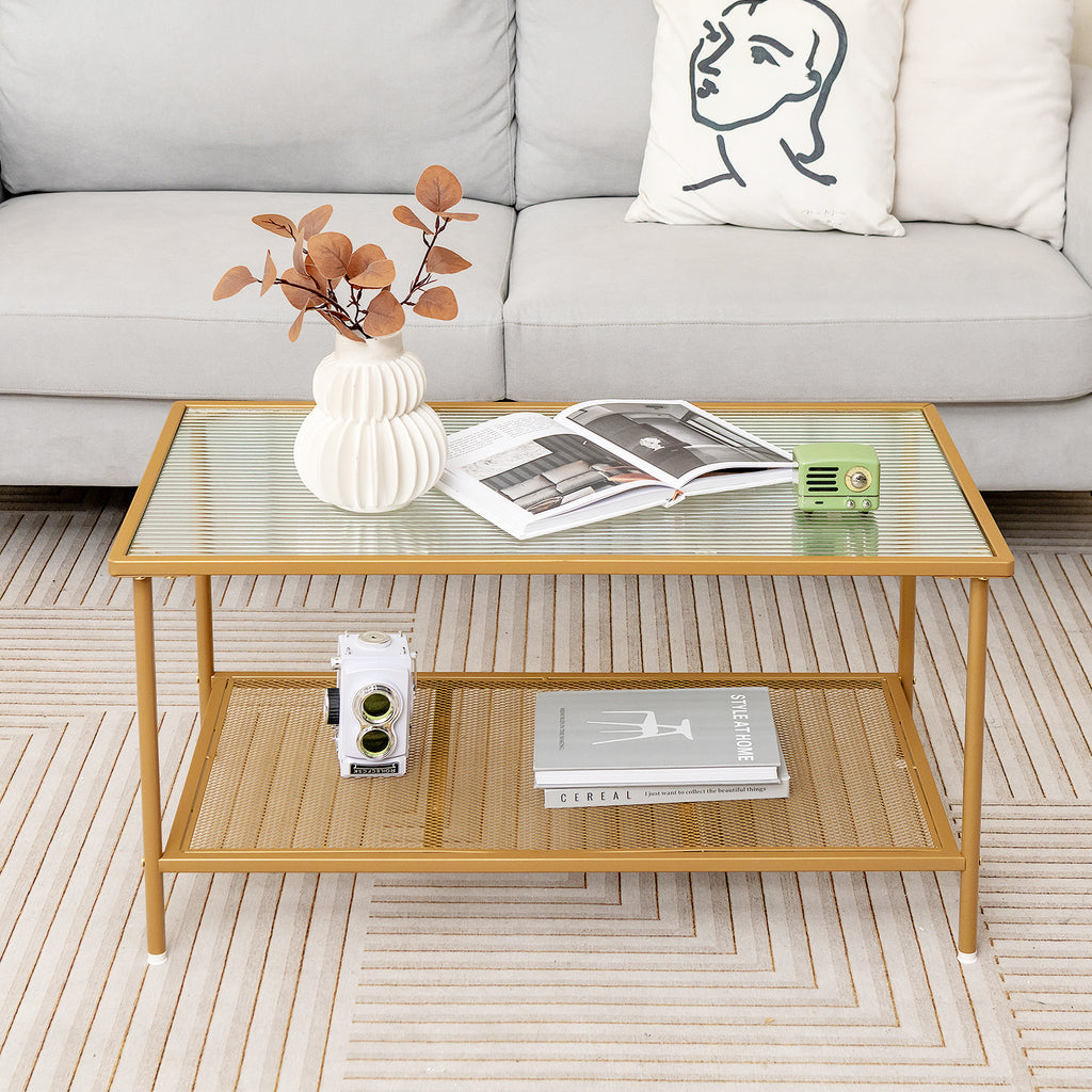 2-Tier Coffee Table with Tempered Glass Top - Golden