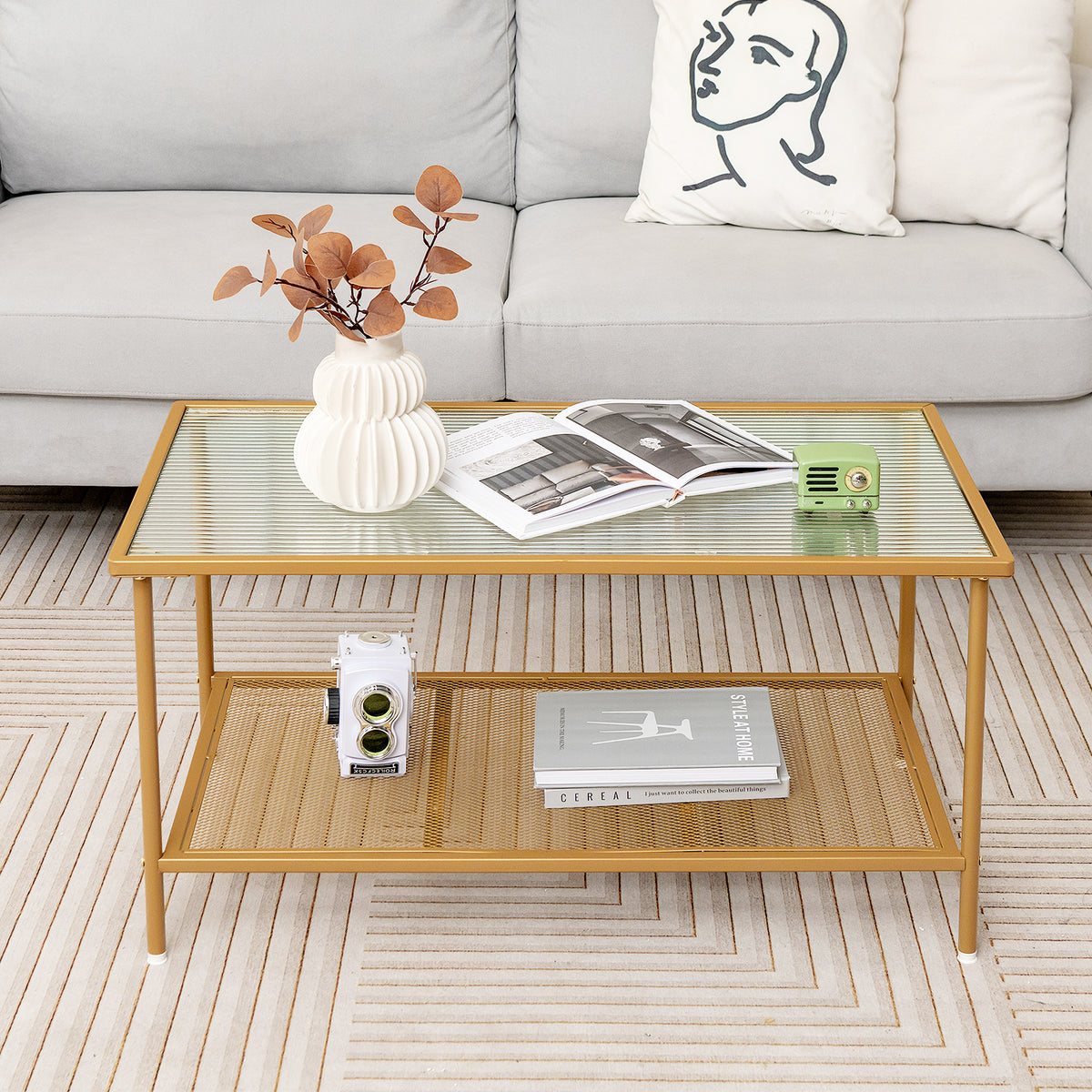 2-Tier Coffee Table with Tempered Glass Top - Golden