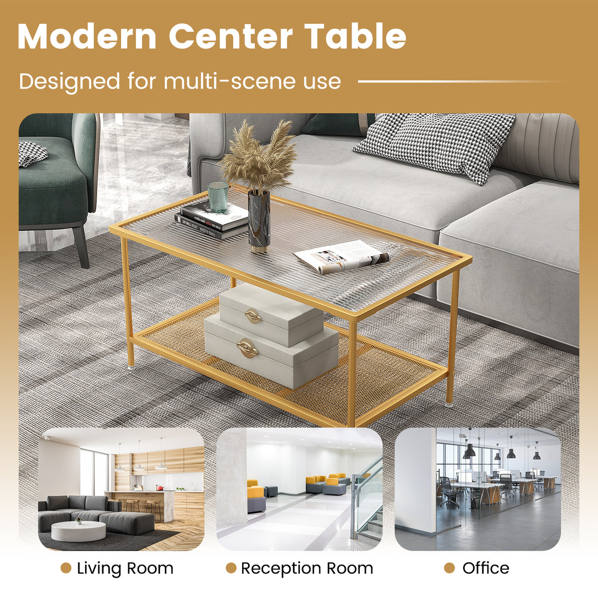 2-Tier Coffee Table with Tempered Glass Top - Golden
