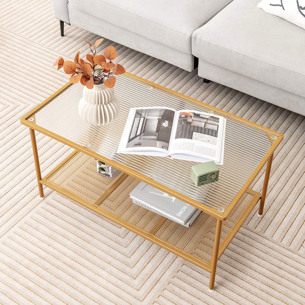2-Tier Coffee Table with Tempered Glass Top - Golden