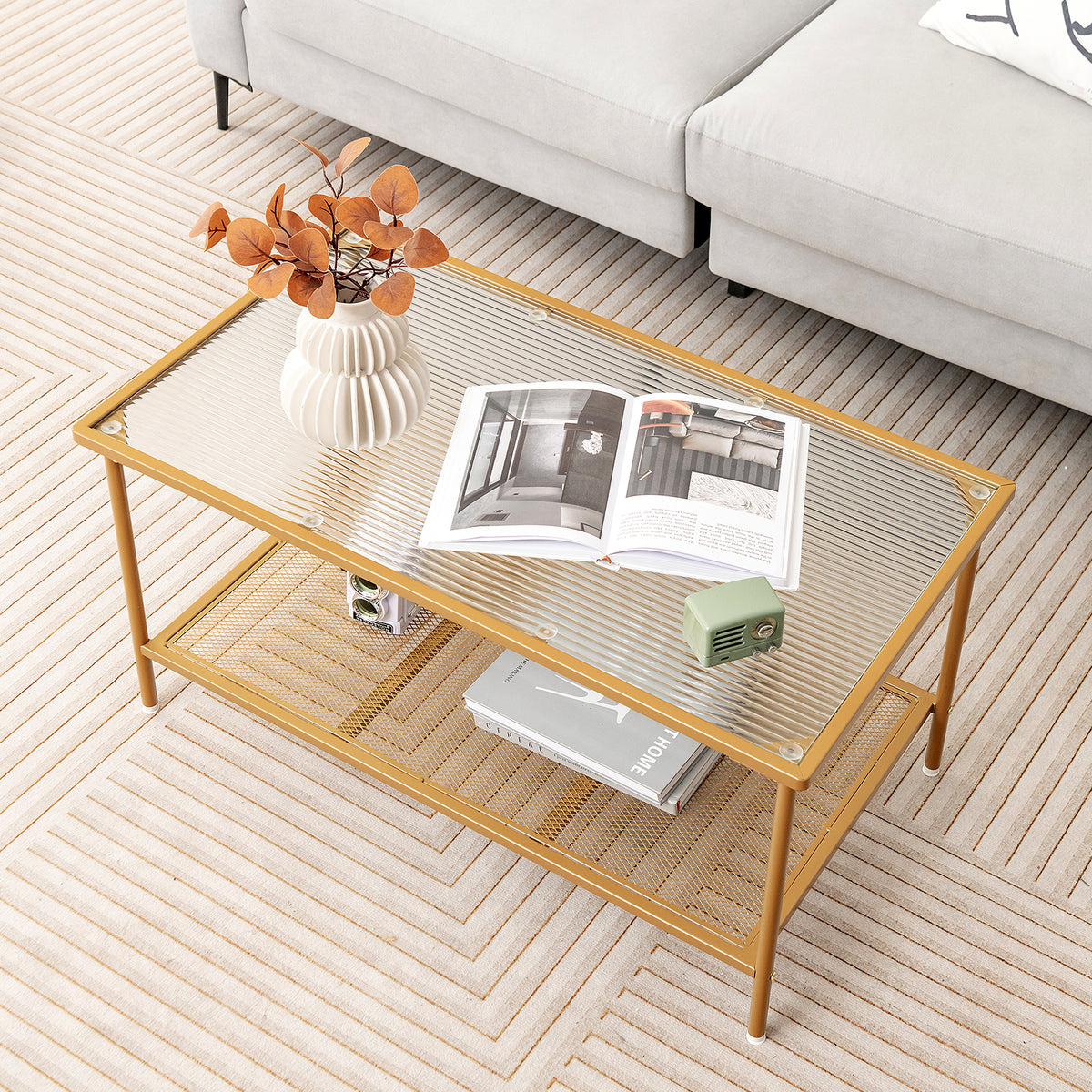 2-Tier Coffee Table with Tempered Glass Top - Golden