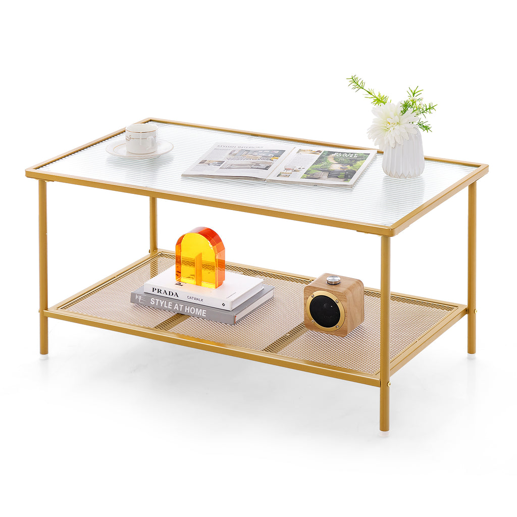 2-Tier Coffee Table with Tempered Glass Top - Golden