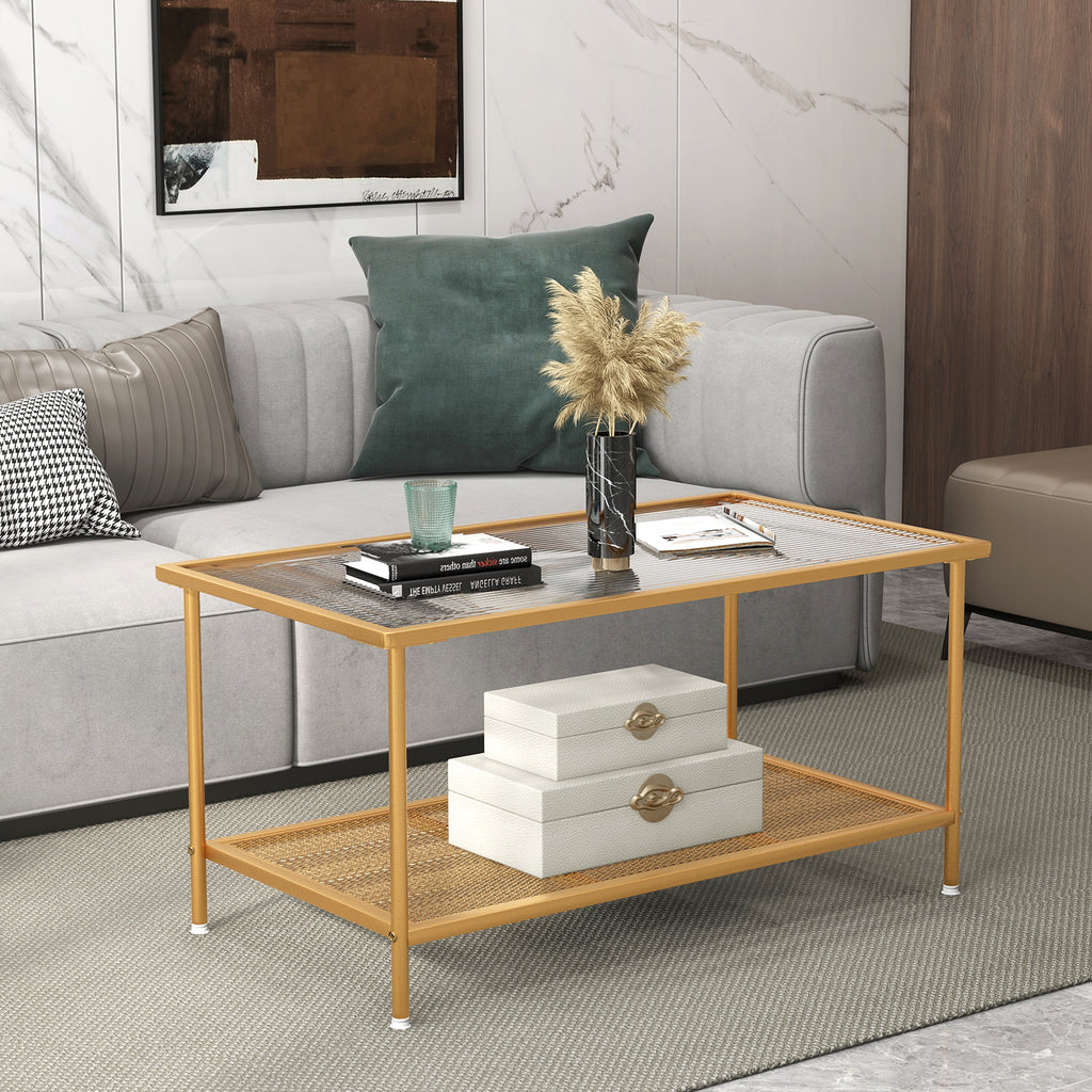 2-Tier Coffee Table with Tempered Glass Top - Golden