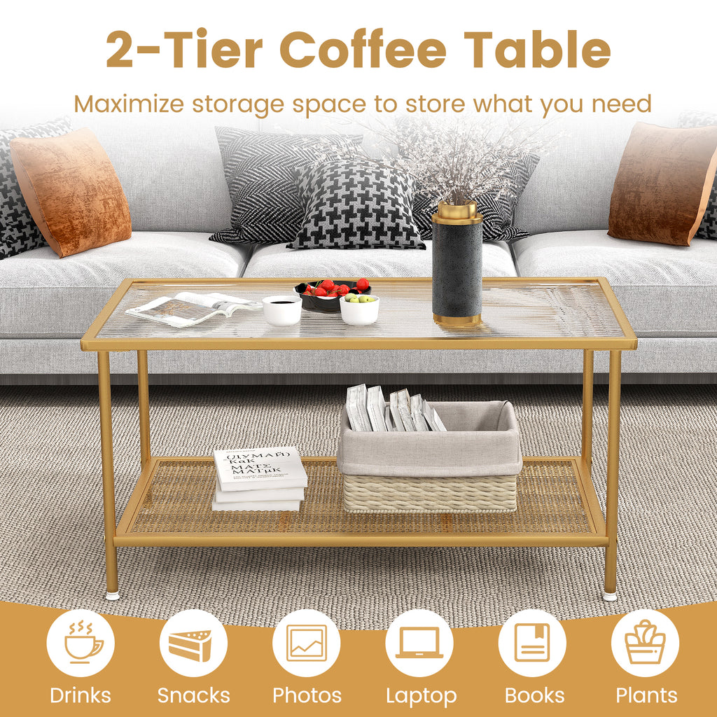 2-Tier Coffee Table with Tempered Glass Top - Golden